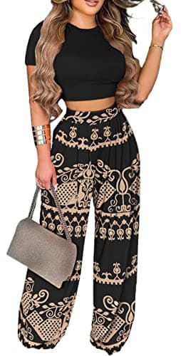 BFFBABY Women's Short Sleeve Crop Top & High Waist Wide Leg Long Pant Set