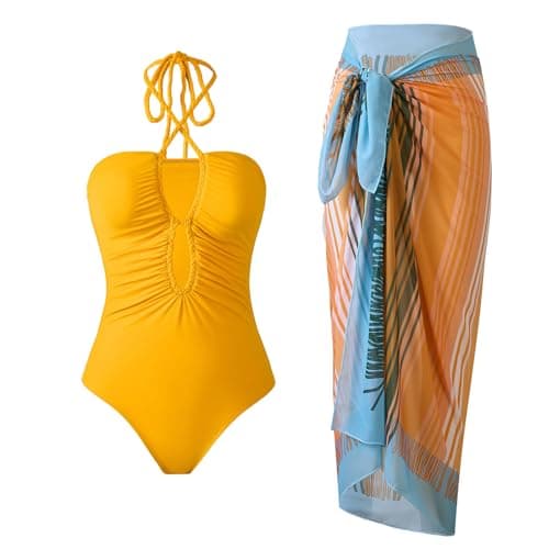 Cethrio Plus Size Vintage Printed Bodystyle Swimwear with Sarong Wrap Skirt