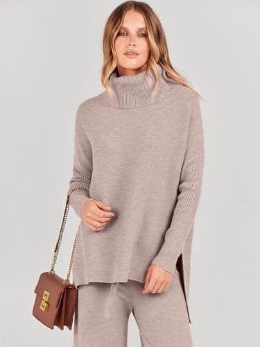 ANRABESS Women's Oversized Turtleneck Knit Pullover Sweatset Wide Leg Pants Fall Loungeewear