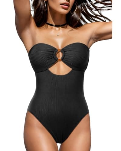 Holipick Women's Ribbed Strapless Cutout One Piece Swimsuit