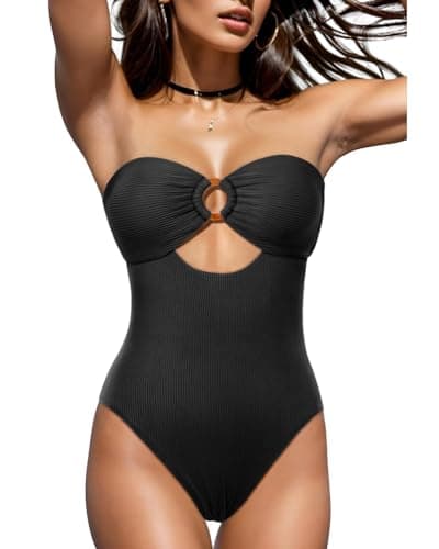 Holipick Women's Ribbed Strapless Cutout One Piece Swimsuit