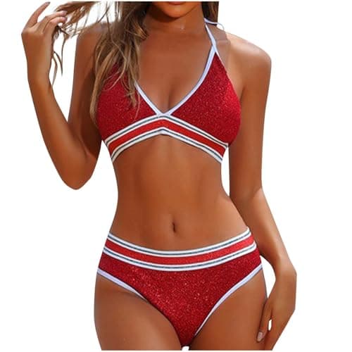 Cethrio Plus Size Color Block High Waisted Sparkle Bikini Swimwear