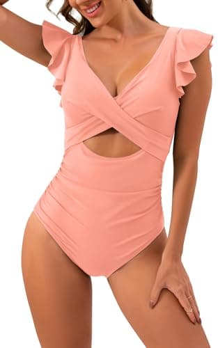 B2prity Women's Slimming V-Neck One Piece Swimwear with Ruffle Cutout