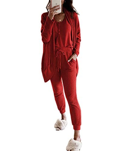 Fessceruna Women's Waffle Knit Lounge Set Tank Top & Long Sleeve Cardigan Pants