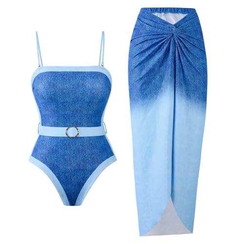 Cethrio Plus Size Vintage Printed Bodystyle Swimwear with Sarong Wrap Skirt