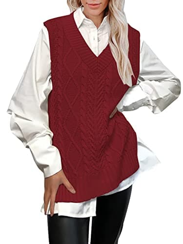 BWQ Women's Oversized Plaid V-Neck Cable Knit Sweater Tank Top