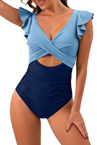 B2prity Women's Slimming V-Neck One Piece Swimwear with Ruffle Cutout