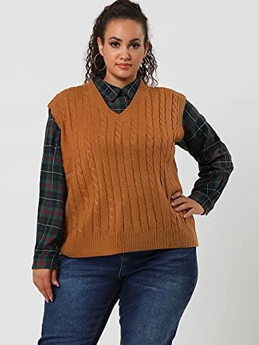 Agnes Orinda Women's Plus Size V-Neck Cable Knit Sweater Vest
