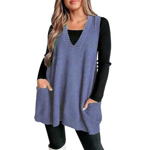 Xoxingysm Women's Oversized V-Neck Knit Tunic with Pockets
