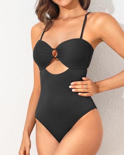 Holipick Women's Ribbed Strapless Cutout One Piece Swimsuit