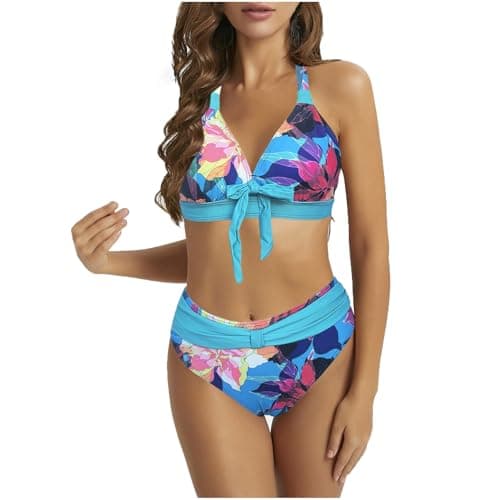 Cethrio Plus Size Vintage Printed Tummy Control Bikini Set