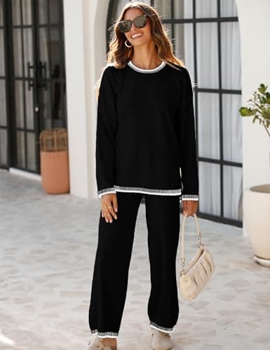 Lentta Women's Long Sleeve Knit Sweater & Wide Leg Pants Lounge Set