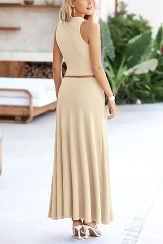 PRETTYGARDEN Women's Casual Summer Maxi Skirt Sets Cropped Knit Top Outfit