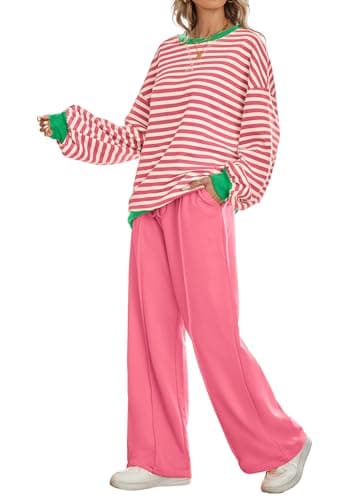 Kikibell Women's Striped Color Block Sweatshirt & Wide Leg Pants Trendy Tracksuit