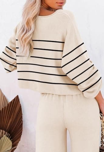 Pink Striped Knitted Sweater & Wide Leg Pants Outfit for Women Lounge Sets