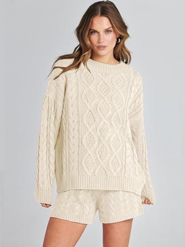 ANRABESS Women Cable Knit Oversized Sweater and Matching Short Pants Set