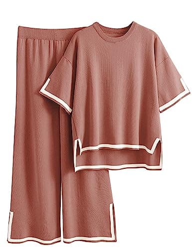 Faleave Women's Short Sleeve Knit Sweater & Elastic Waist Wide Leg Pants Lounge Set