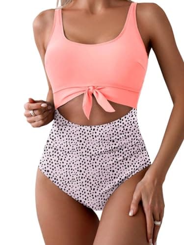Eomenie Women's Tummy Control One Piece Swimwear with Cutout Tie Knot