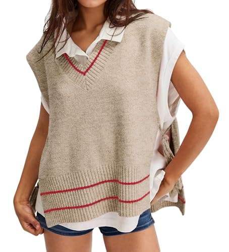BAIGRAM Oversized V-Neck Striped Side-Tie Pullover Sweater Tank Top