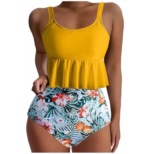 Yxzogd Women's 2025 Summer Ruffle Tankini Bikini Set Floral Swim Suit