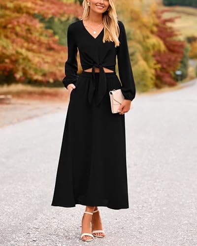 PRETTYGARDEN Women's Casual V-Neck Long Sleeve Crop Top & High Waist Midi Skirt Set