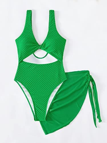 Women's Cut Out Twist Front One Piece Swimsuit with Cover Up Skirt