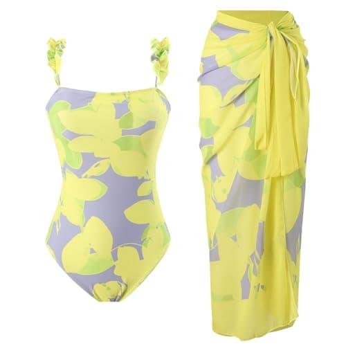 Cethrio Plus Size Vintage Printed Bodystyle Swimwear with Sarong Wrap Skirt