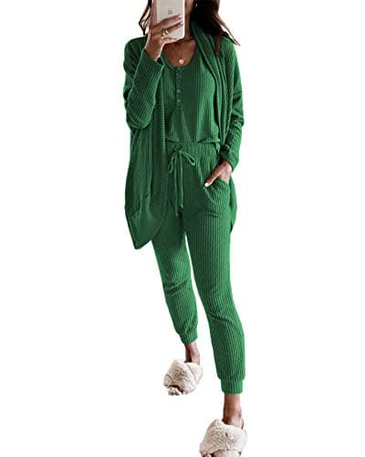 Fessceruna Women's Waffle Knit Lounge Set Tank Top & Long Sleeve Cardigan Pants