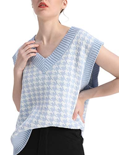 Oversized Houndstooth Knitted Vest Sweater for Vintage V-Neck Loose Sleeveless Sweater