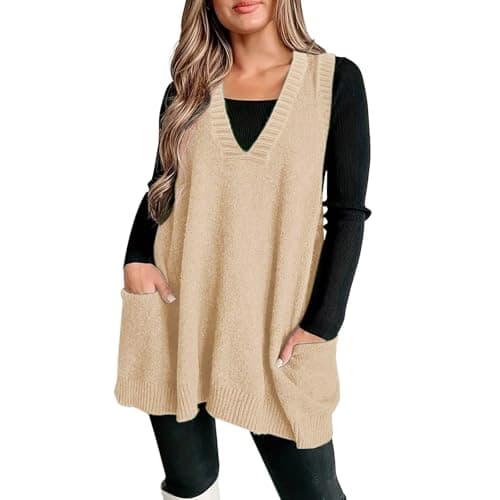 Xoxingysm Women's Oversized V-Neck Knit Tunic with Pockets