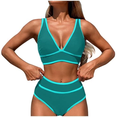 Cethrio Plus Size Color Block High Waisted Sparkle Bikini Swimwear