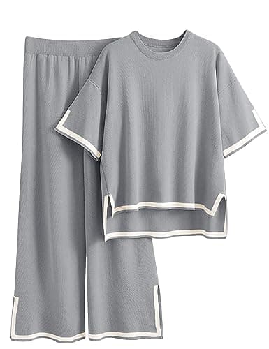 Faleave Women's Short Sleeve Knit Sweater & Elastic Waist Wide Leg Pants Lounge Set