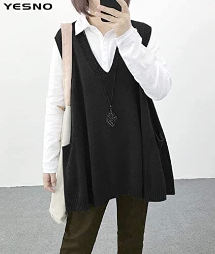 Oversized Cotton Knit Sweater Vest for Women with Drop Pockets