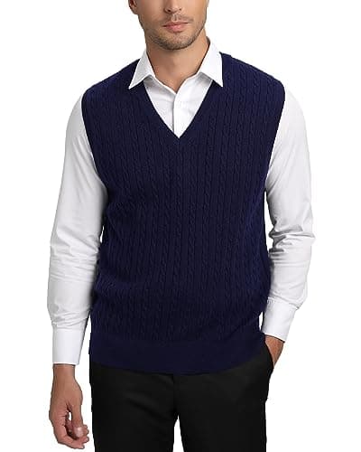 Kallspin Men's Wool Blended Cable Knit V-Neck Sweater Vest