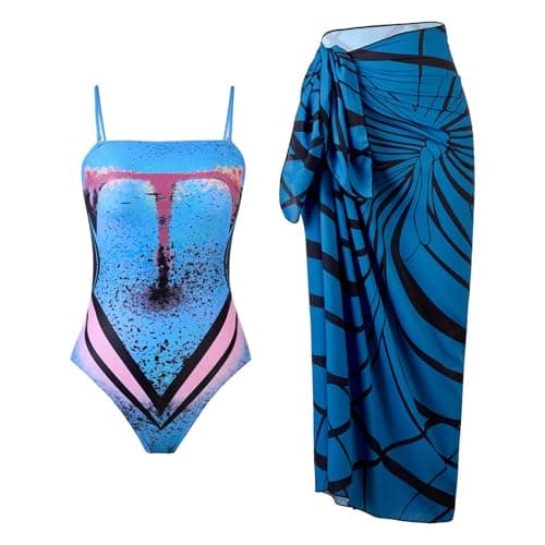 Cethrio Plus Size Vintage Printed Bodystyle Swimwear with Sarong Wrap Skirt