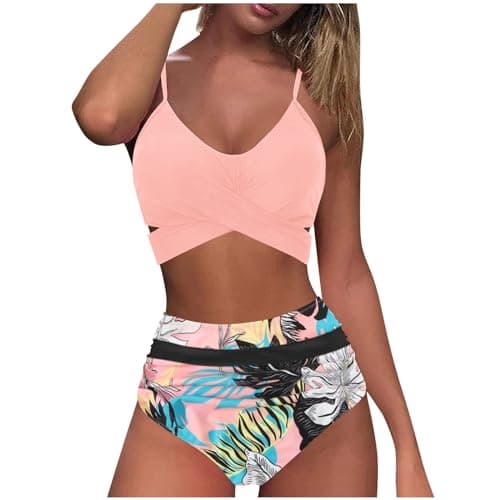 YNCSZEC High-Waisted Women Tummy Control Spaghetti Strap Bikini Sets