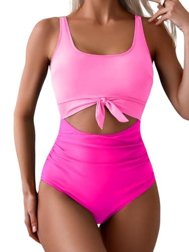 Eomenie Women's Tummy Control One Piece Swimwear with Cutout Tie Knot