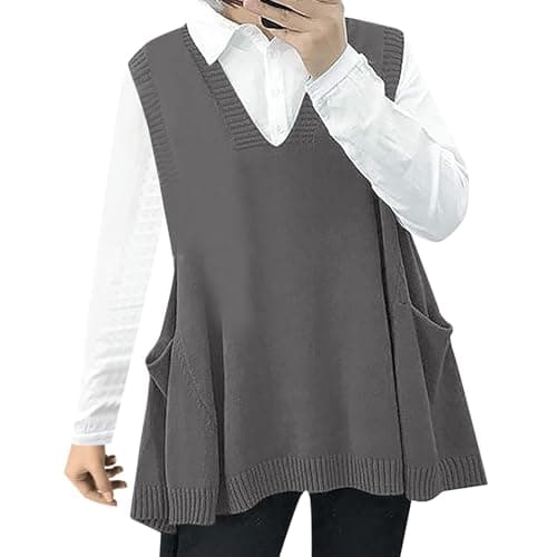 Oversized Women's V Neck Sweater Vest with Pockets