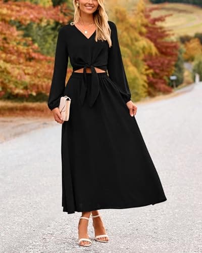 PRETTYGARDEN Women's Casual V-Neck Long Sleeve Crop Top & High Waist Midi Skirt Set