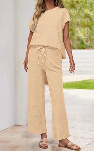 PRETTYGARDEN Women Casual Tracksuit Short Sleeve Top & Wide Leg Pants Matching Lounge Set