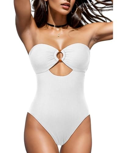 Holipick Women's Ribbed Strapless Cutout One Piece Swimsuit