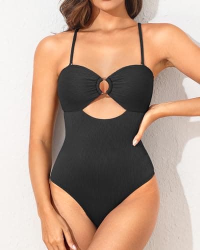 Holipick Women's Ribbed Strapless Cutout One Piece Swimsuit