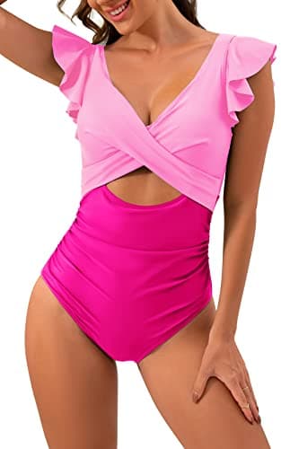 B2prity Women's Slimming V-Neck One Piece Swimwear with Ruffle Cutout