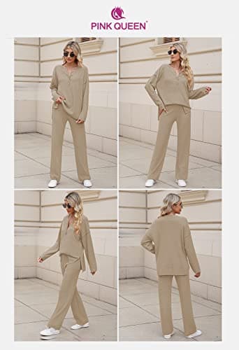 Pink Queen Women's Long Sleeve Button Sweater Top & Wide Leg Knit Pants Outfit Set