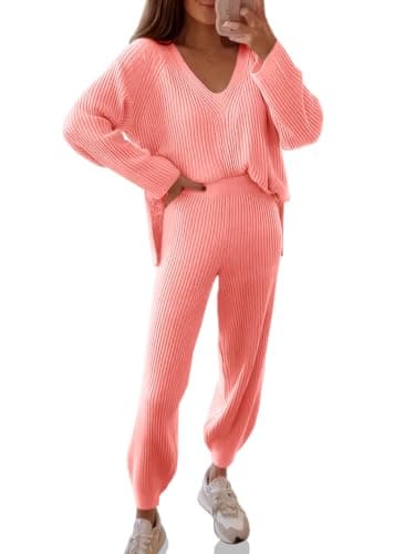 Tankaneo Women's Oversized V-Neck Sweater and Wide Leg Pants Loungewear Set
