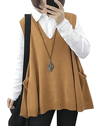 Oversized Cotton Knit Sweater Vest for Women with Drop Pockets