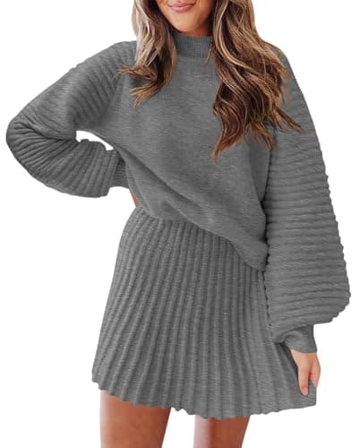 Zwurew Women's 2024 Long Sleeve Mock Neck Ribbed Sweater & Mini Skirt Set