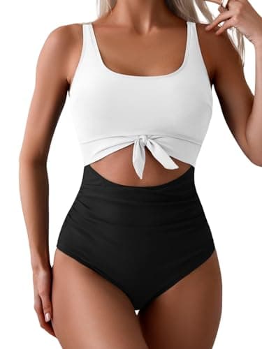 Eomenie Women's Tummy Control One Piece Swimwear with Cutout Tie Knot