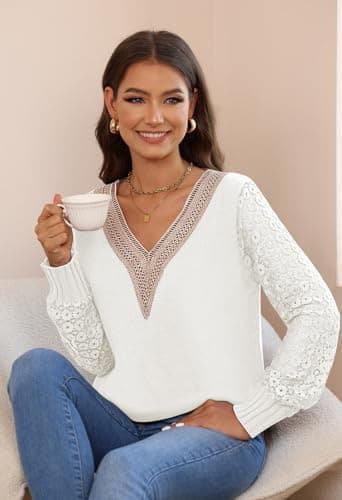 Trendy Long Sleeve Lace V Neck Knit Loose Pullover Sweaters for Women