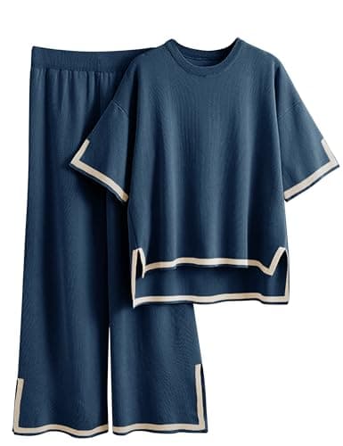 Faleave Women's Short Sleeve Knit Sweater & Elastic Waist Wide Leg Pants Lounge Set